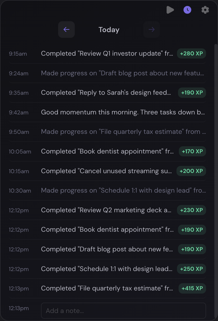 Daily log with task completions and XP badges