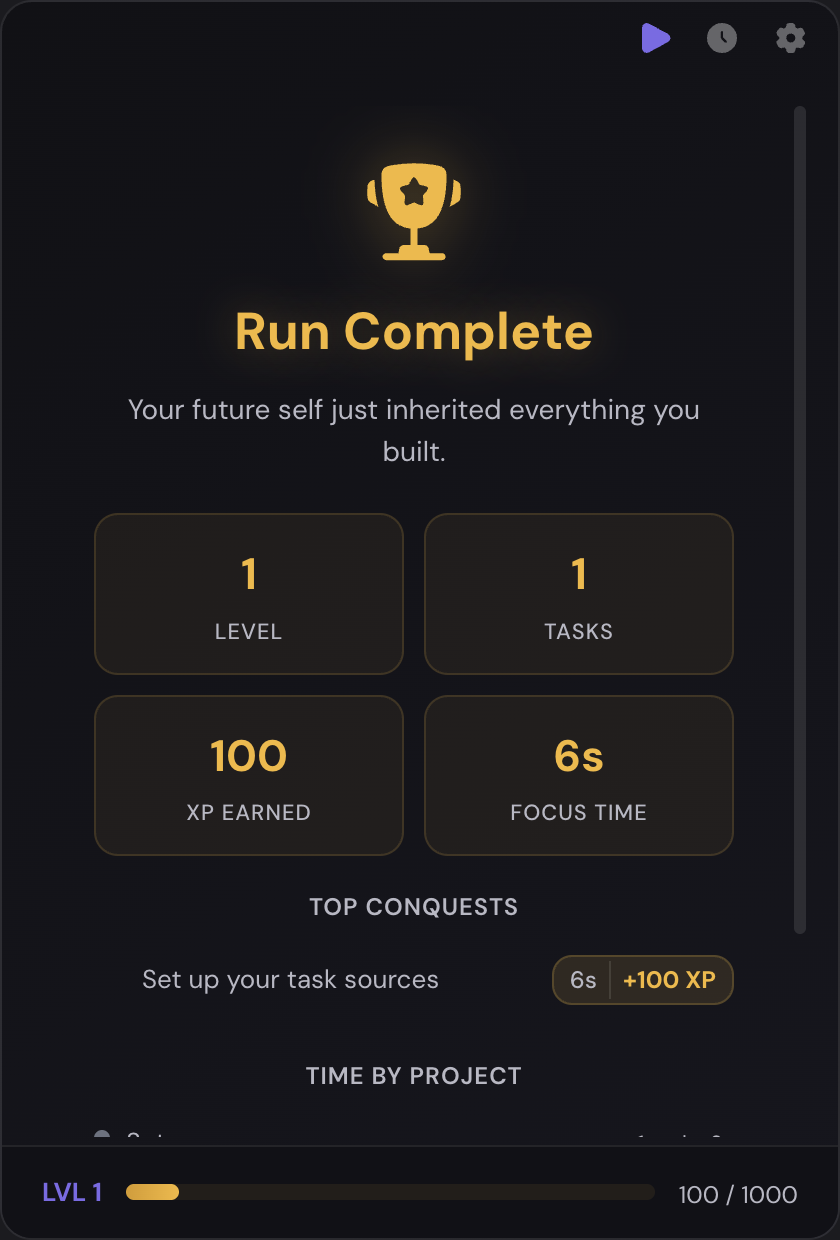 Run Complete screen with stats and XP earned
