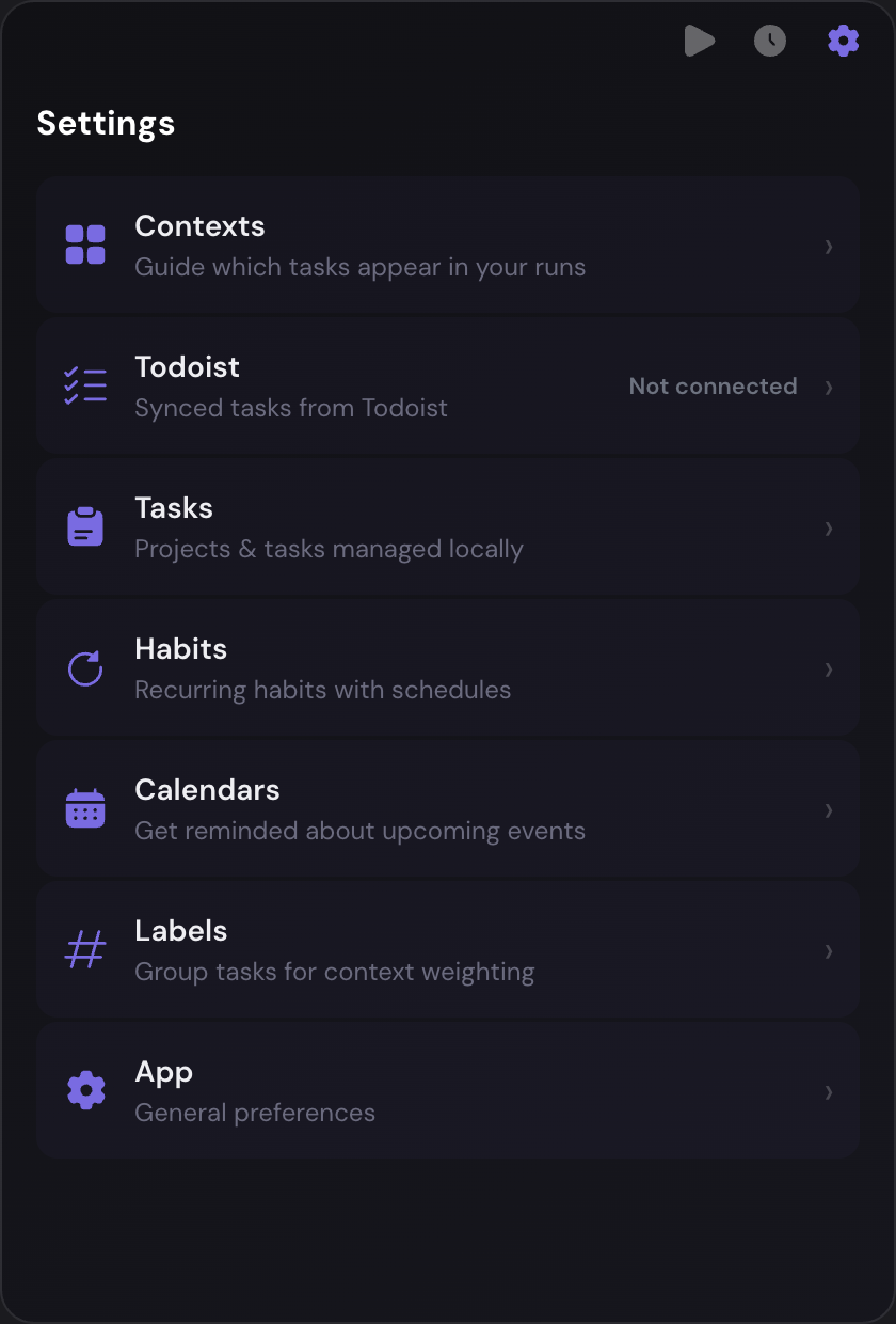 Settings screen with task sources